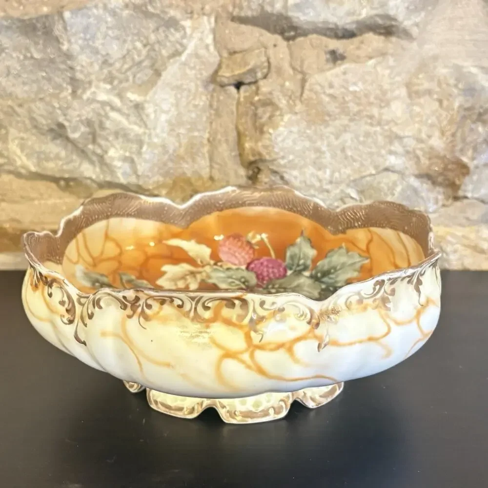 Nippon Morimura Antique Hand Painted Porcelain Bowl Raspberry Floral Gold Trim